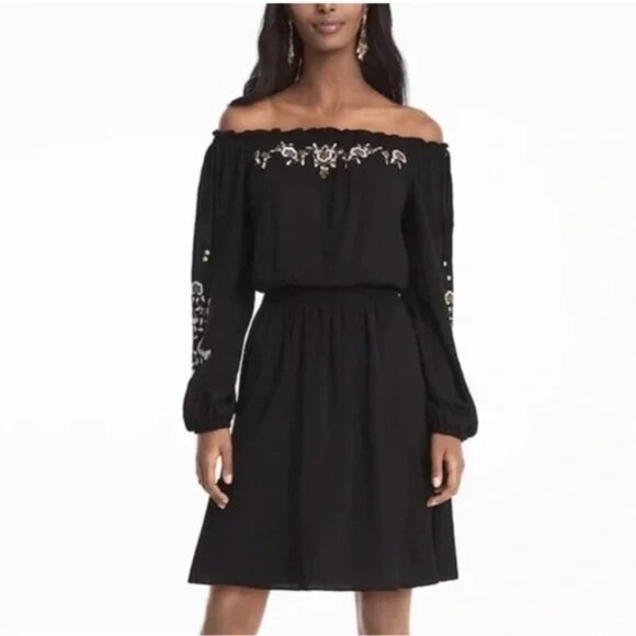 White House Black Market Off The Shoulder Dress Sz Small Floral Embroidery Boho - Picture 1 of 8
